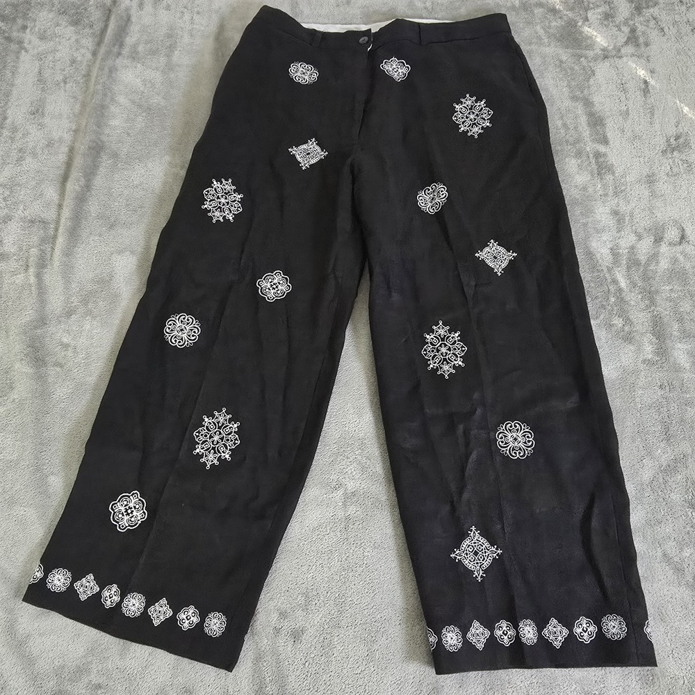 Deane & White Linen Pants Slacks Womens 12 Black Embroidered Pockets Casual